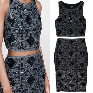 Express Black Sequin Crochet Sleeveless Crop Top Pencil Skirt Set Party XS/00